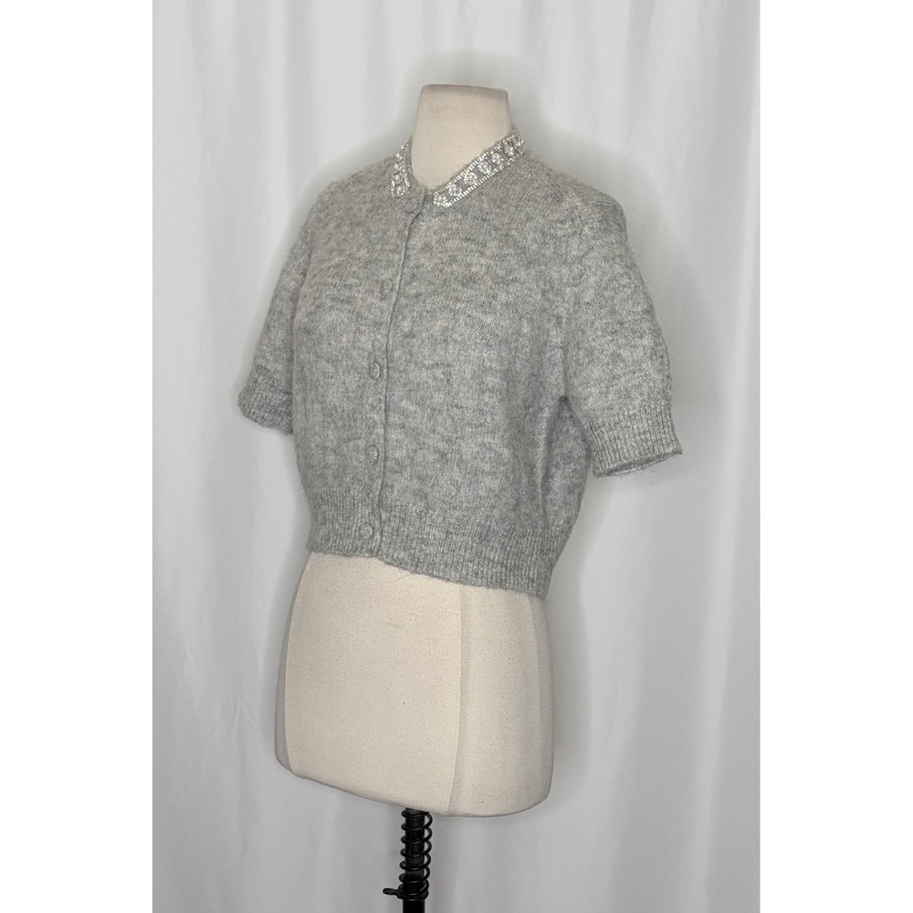 ZARA Jewel Embellished Gray Cropped Cardigan Sweater Knitwear Jewelled Large - Picture 6 of 16